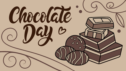Chocolate Day Celebration Illustration With Chocolate Bars, Truffles, Swirls, And Heart On Elegant Brown Background