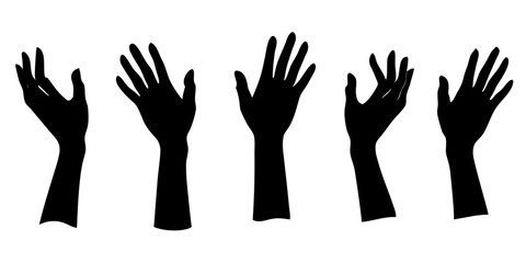 Five black silhouettes of female hands reaching up