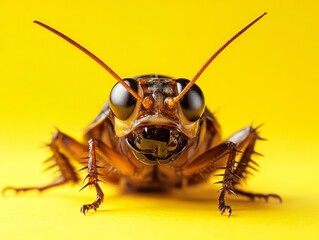 A cockroach looking shocked with big cartoonish eyes, isolated on a bright yellow background