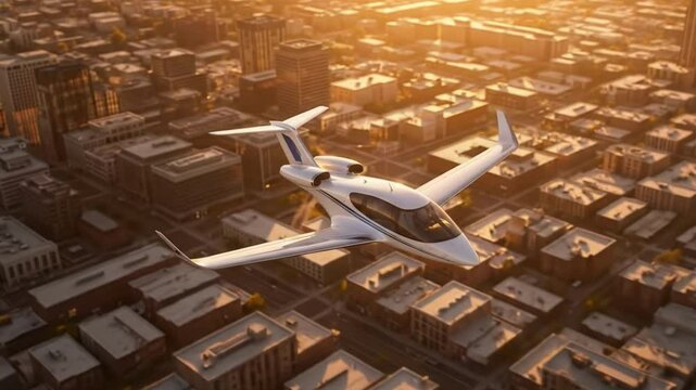 Electric eVTOL Air Taxi Over Downtown at Golden Hour