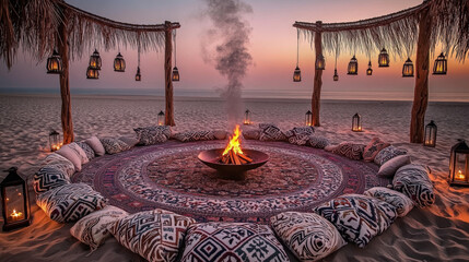 Patterned Rug Circle and Lantern Poles at Dusk Creating Intimate Atmosphere of Sommerwerft Gathering