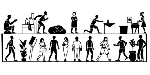Fototapeta premium Diverse people in simple black and white illustration