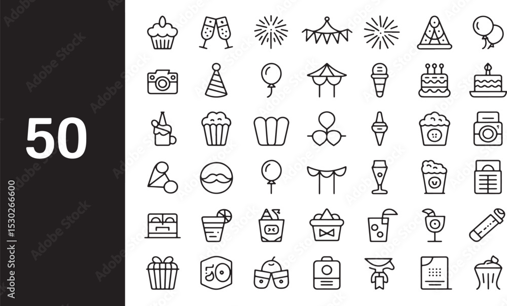 Poster party line editable icons set. vector illustration in modern thin line style of events related icons