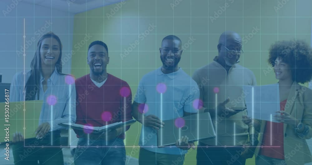 Poster team standing by wall grid overlay emerging animating data bars and dots showing business metrics