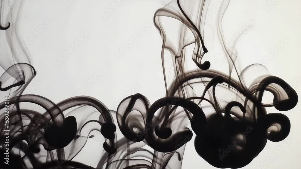 Poster swirling black ink in water creating abstract patterns on white background