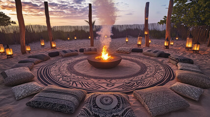 Patterned Rug Circle and Lantern Poles at Dusk Creating Intimate Atmosphere of Sommerwerft Gathering