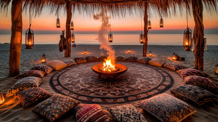Patterned Rug Circle and Lantern Poles at Dusk Creating Intimate Atmosphere of Sommerwerft Gathering