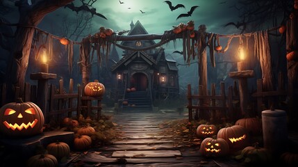 Halloween haunted house spooky night jack o lanterns bats scary scene halloween background wallpaper image
