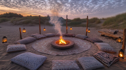 Patterned Rug Circle and Lantern Poles at Dusk Creating Intimate Atmosphere of Sommerwerft Gathering