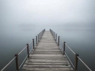 Fototapeta premium A lengthy wooden pier that juts out into fog lake