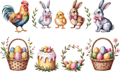 easter basket with eggs and bunny Vectors illustrations