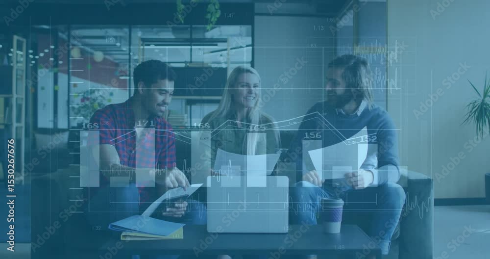 Poster data analyst scrolling laptop and showing chart overlays while team reviewing reports for business