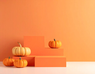 Seasonal background Banner with copy-space. Squashes on Orange color Blocks. Autumn Concept.