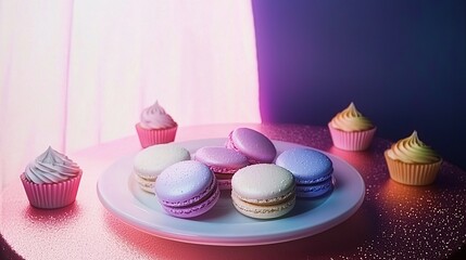 Surreal pastel dessert scene with macarons and cupcakes, rainbow-pink tablecloth, deep purple wall, soft pink lighting