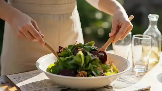 Woman making healthy salad outdoors.