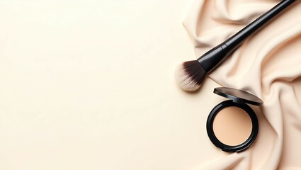 Elegant makeup flat lay on soft fabric with brush, compact powder, and colorful eyebrow shades—ideal for cosmetic ads, product design, or brand visuals.