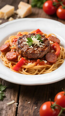 A serving of spaghetti with tomato sauce, topped with a grilled beef patty, sausage slices, red bell pepper strips, grated cheese, and a parsley garnish.