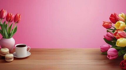 Wide pink banner with coffee cups, macarons, and flowers on wooden tabletop