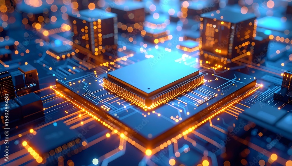 Poster hightech circuit board with central processor with glowing orange and blue lights.