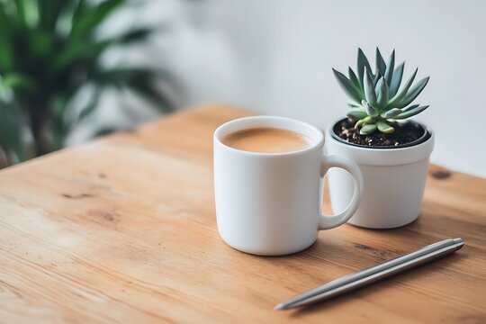 Coffee succulent and pen on wooden table minimalist workspace