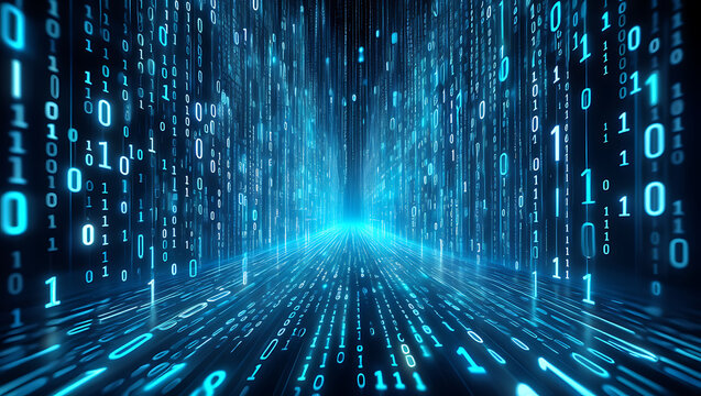 A digital stream of glowing blue binary code cascading down a dark background