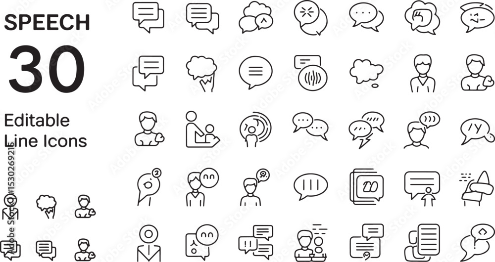 Poster speech icons, speech line editable icons set. vector illustration in thin line modern style of messa