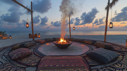 Patterned Rug Circle and Lantern Poles at Dusk Creating Intimate Atmosphere of Sommerwerft Gathering