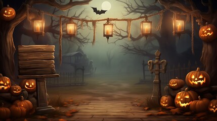 Halloween background spooky forest pumpkins lanterns bat full moon halloween night party october scary 3d render