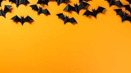 Halloween background with black paper bats on orange backdrop for spooky season party decoration design