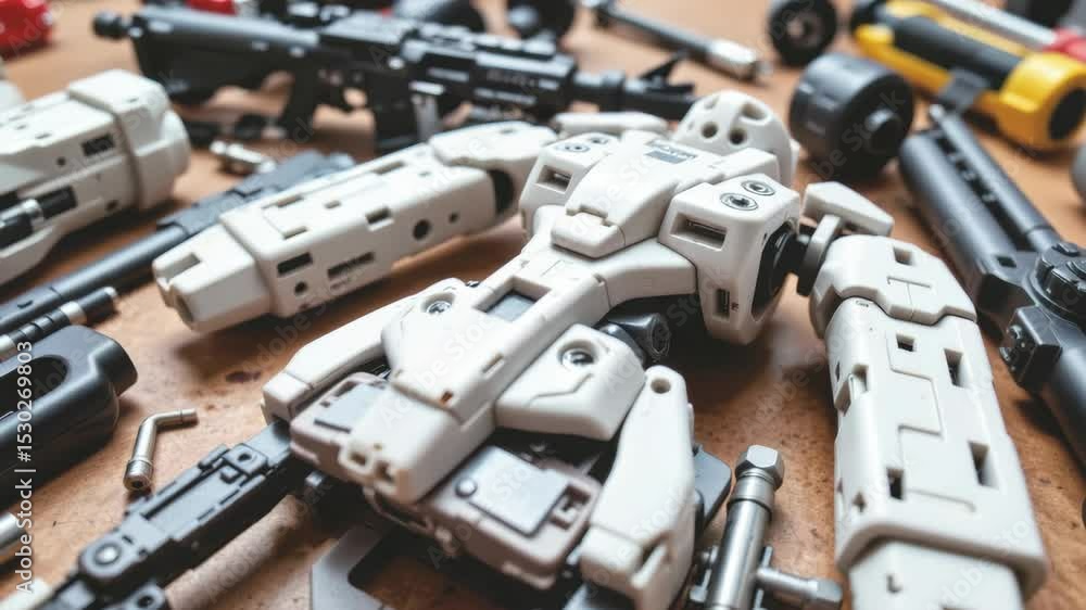 Poster robot parts and components scattered on a workshop table.