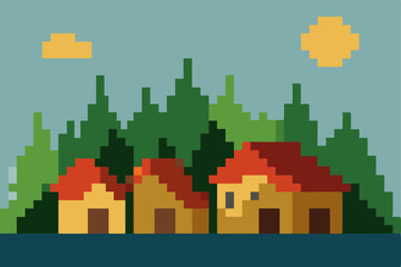 Pixel Art Village Landscape Charming Houses nestled in a lush forest