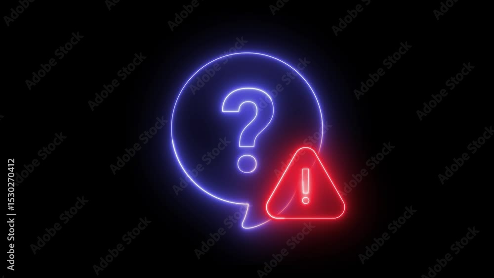 Poster neon animation of a question mark bubble icon with a warning sign, black background