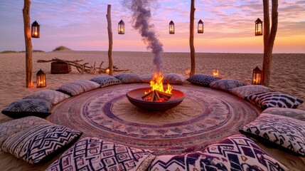 Patterned Rug Circle and Lantern Poles at Dusk Creating Intimate Atmosphere of Sommerwerft Gathering