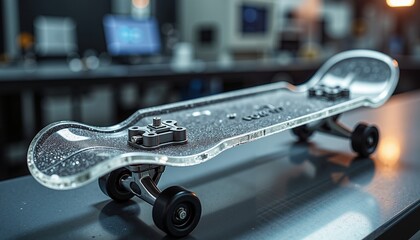 Skateboard placed vertically on its tail in a modern workshop  