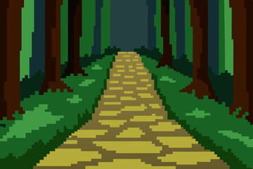 Pixel Art Journey Down the Enchanting Yellow Brick Road through a Mystical Forest