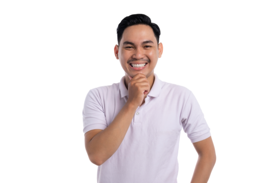 Smiling young Asian man in white polo shirt thinking with hand on chin isolated on transparent background