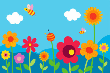 Vibrant Summer Meadow Colorful Flowers, Busy Bees, and Sunny Skies Illustration