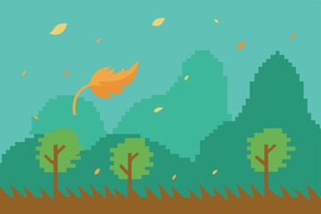 Pixel Art Autumn Landscape Falling Leaves and Breezy Hills