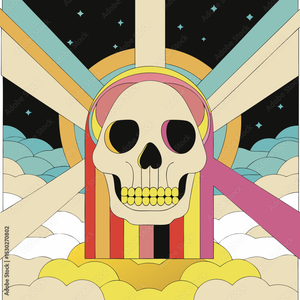 Aufkleber psychedelic skull with colorful rays and cloud background