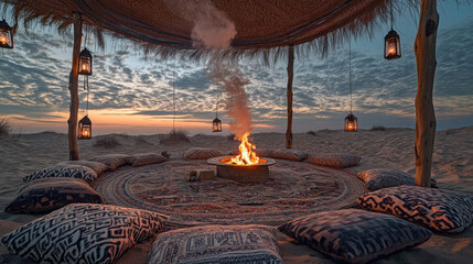 Patterned Rug Circle and Lantern Poles at Dusk Creating Intimate Atmosphere of Sommerwerft Gathering