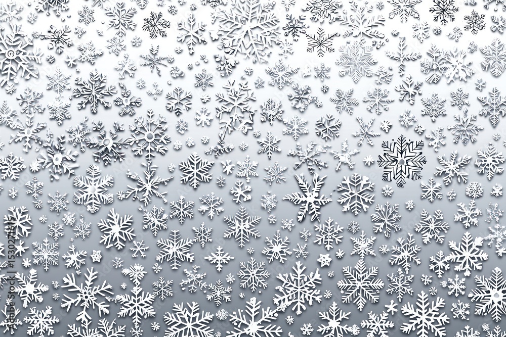 Poster a gradient background of numerous silver snowflakes of varying sizes, densely packed, creating a win