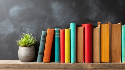 Books lined up on a shelf, against a chalkboard backdrop, with a small succulent plant
