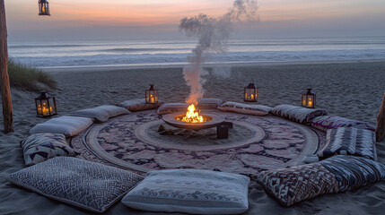 Patterned Rug Circle and Lantern Poles at Dusk Creating Intimate Atmosphere of Sommerwerft Gathering