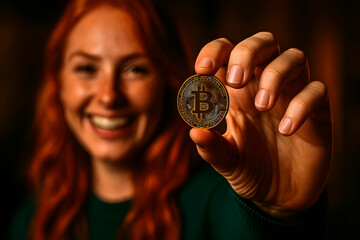  Smiling redhead woman holding a Bitcoin coin in the foreground