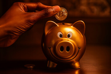 Golden piggy bank with a Bitcoin coin