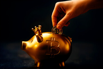 Inserting a Bitcoin coin into a golden piggy bank