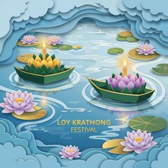 Naklejka premium Loy Krathong Festival Floating Lanterns, Water Lilies, and Festive Celebration