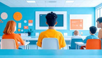 Students Using Digital Tools, Modern Classroom Flat Design