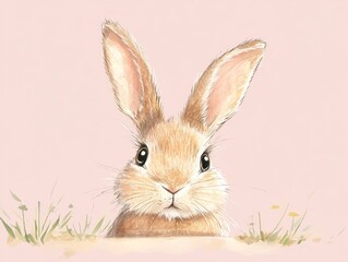 Obraz premium A shy bunny hiding behind its long ears, peeking out, isolated on a pastel pink background.