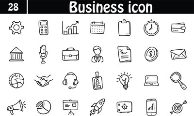 Set of 28 Hand drawn sketch elements for business icon. Business graphic chart, rocket, growth marketing concept vector illustration.
